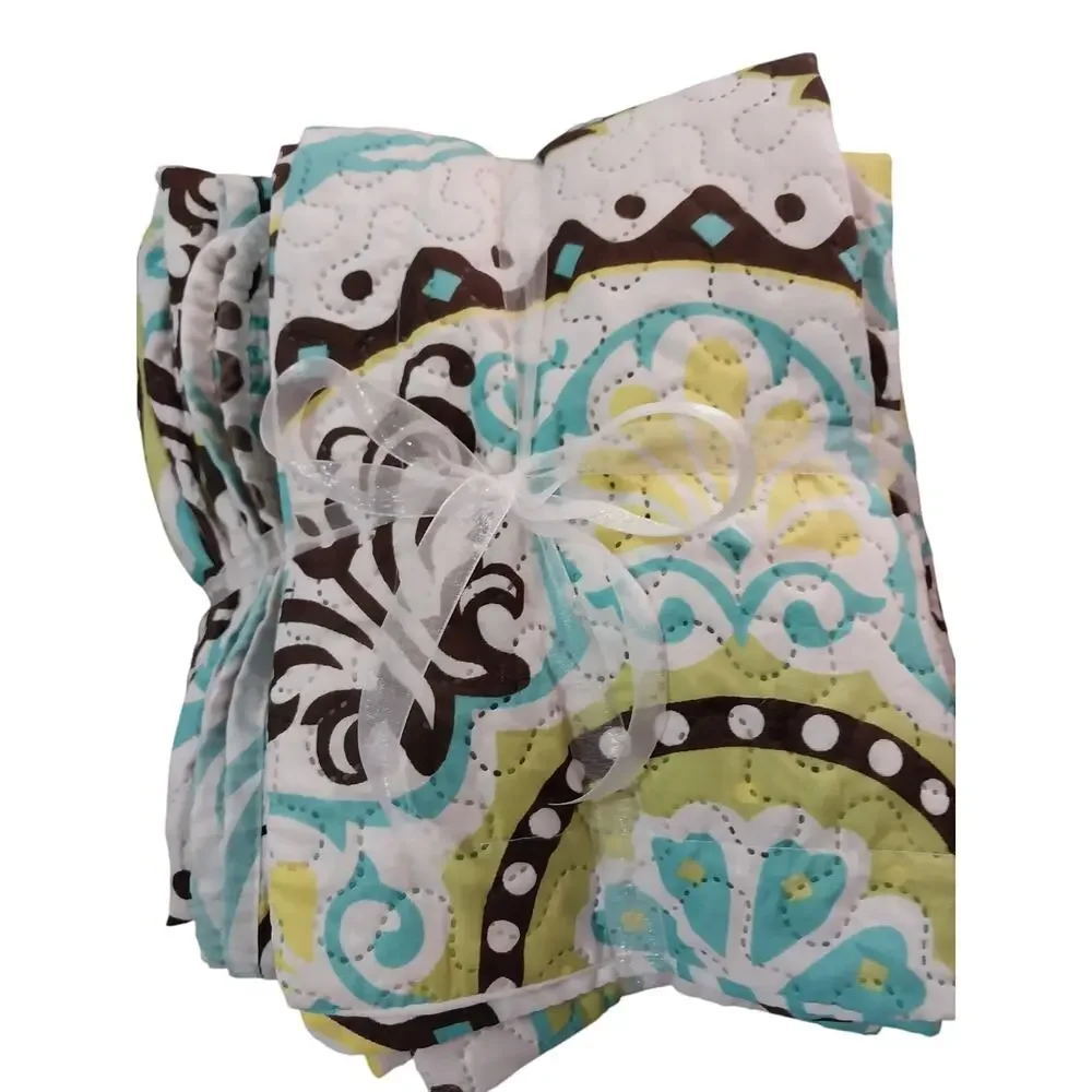 SPIRIT LINEN! WHITE W/YELLOW, AQUA & BROWN MANDALA QUILT & 2 SHAMS! SZ QN